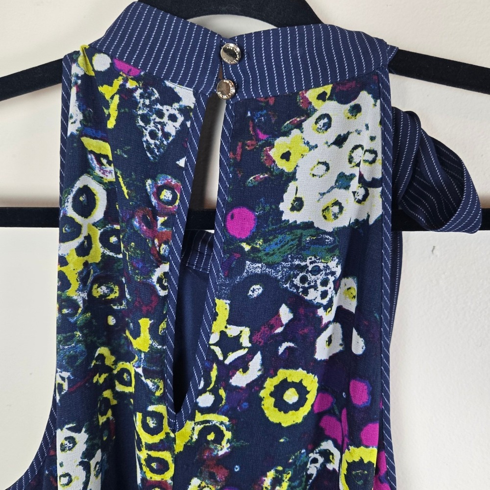 Rachel Roy Dress Tie Neck Floral Print Sleeveless Navy L W/Pockets Whimsical - Picture 7 of 12